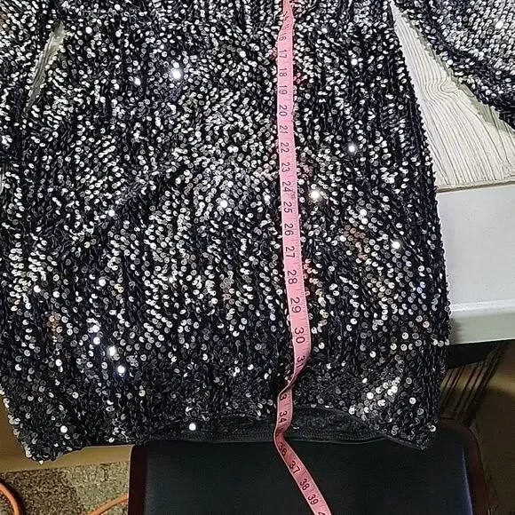 ICHI Wilde Black Silver Sequin Long Sleeve Dress V Neck Open Back Medium NEW - Picture 10 of 13